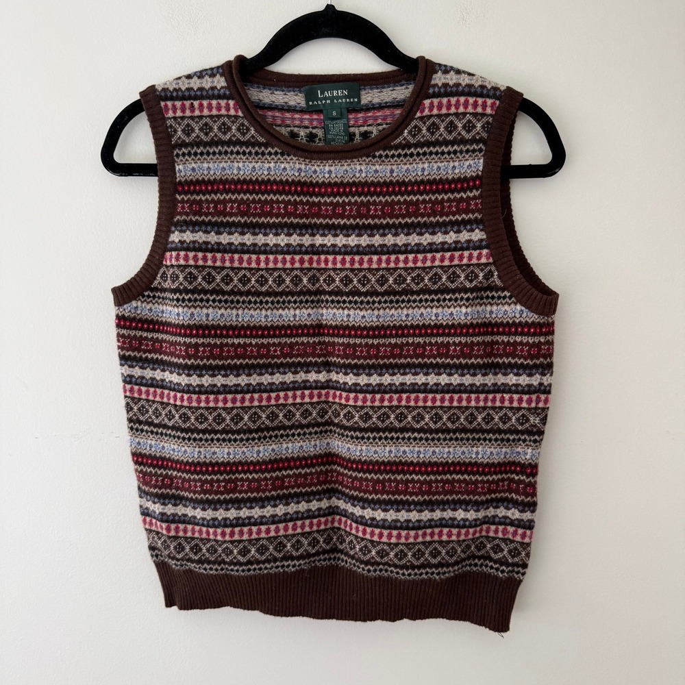 Lauren Ralph Lauren Brown Fair Isle Lambswool Sweater Vest Crew Neck Small